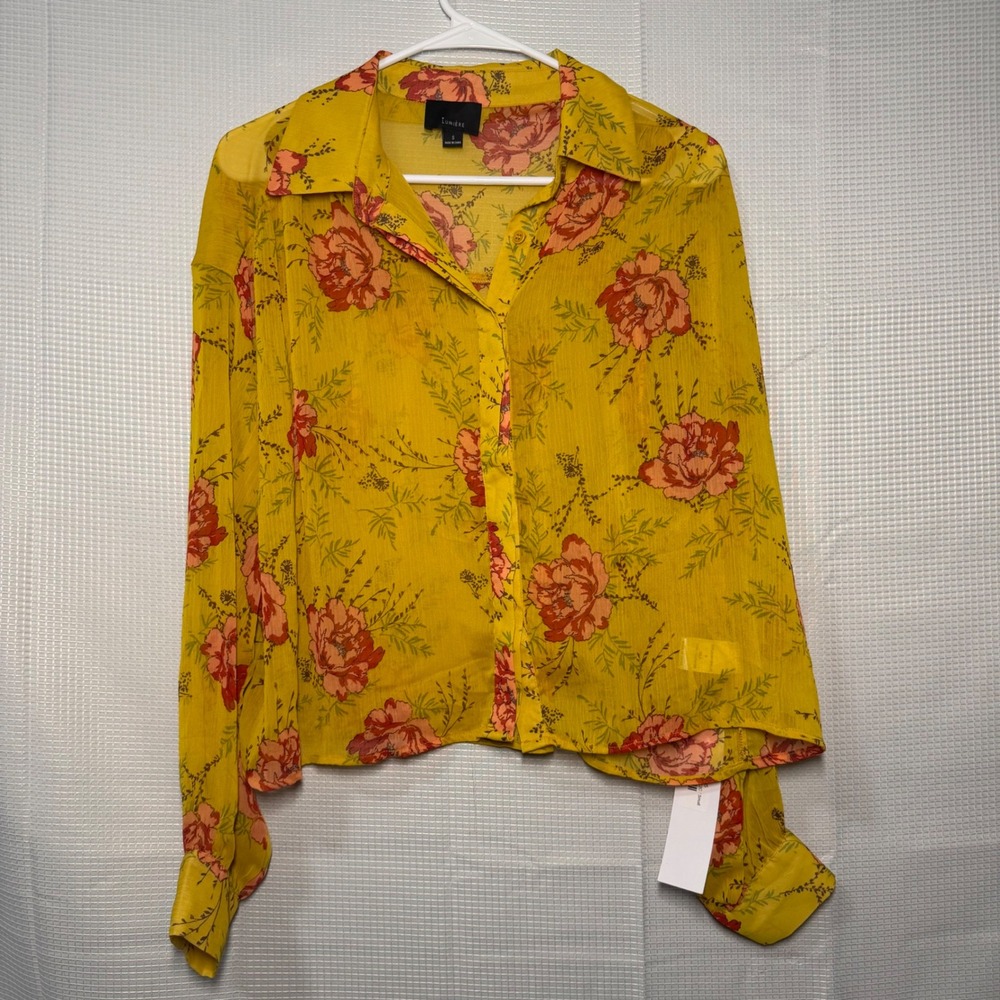 Lumiere Blouse Mustard Yellow Floral Sheer Button Up Cropped Boho S